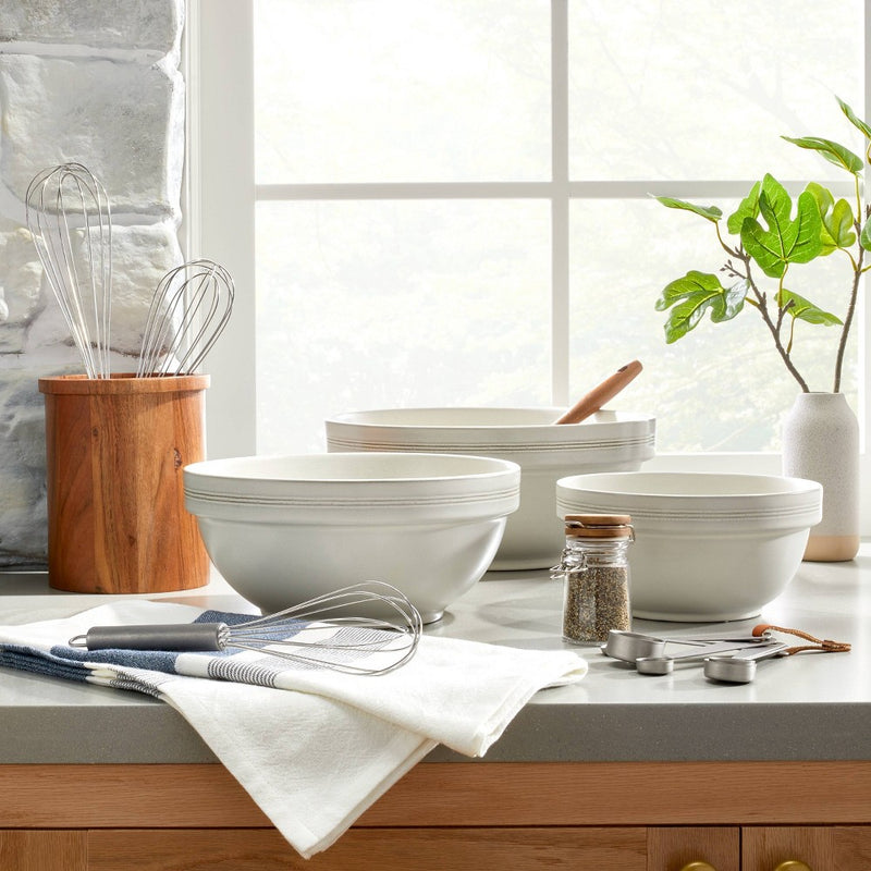 3pc Brim Stripe Stoneware Mixing/Serving Bowl Set Cream - Hearth & Hand with Magnolia