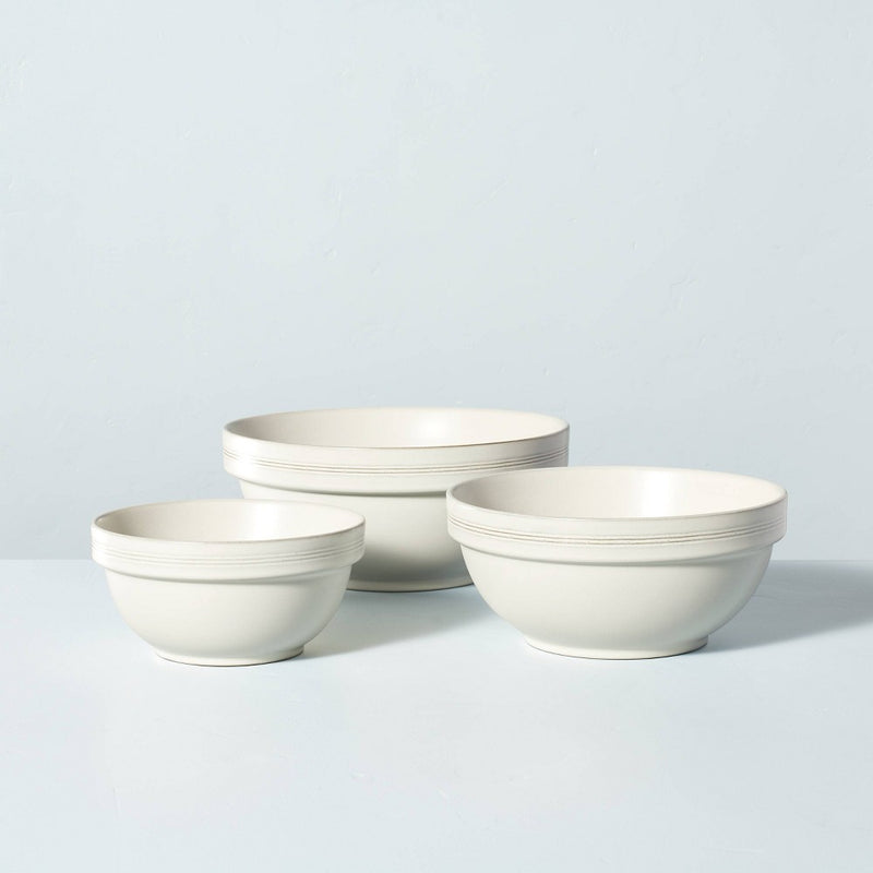 3pc Brim Stripe Stoneware Mixing/Serving Bowl Set Cream - Hearth & Hand with Magnolia