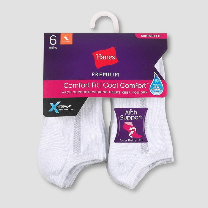 Hanes Premium Women's 6pk Heel Toe Cushion with Arch Support No Show Socks - White 5-9
