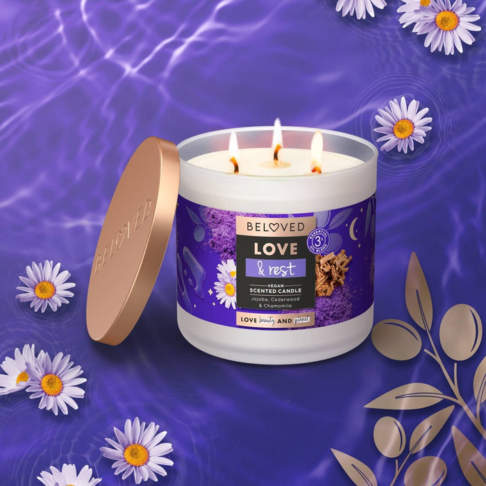 Beloved Love & Rest Jojoba, Cedarwood & Chamomile 3-Wick Vegan Candle - 15oz