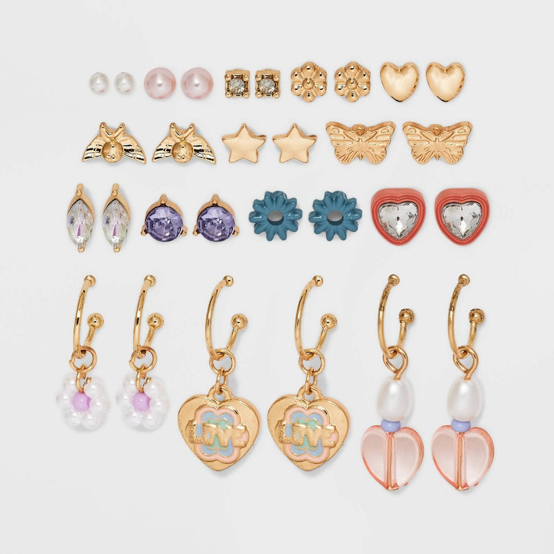 Girls' 15pk Butterfly and Hoops with Heart Earring Set - art class