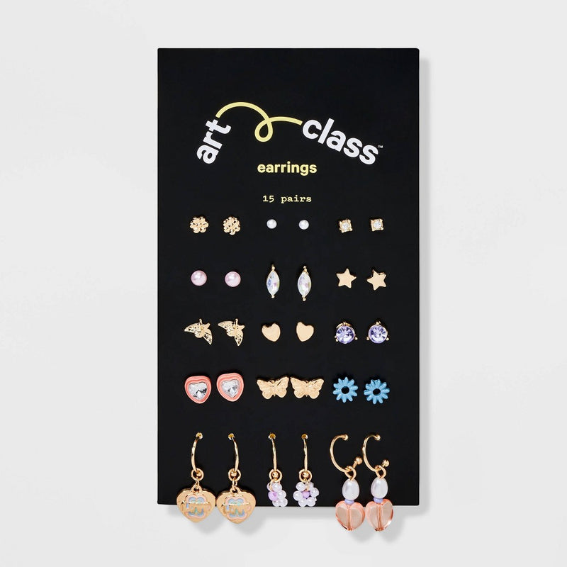 Girls' 15pk Butterfly and Hoops with Heart Earring Set - art class