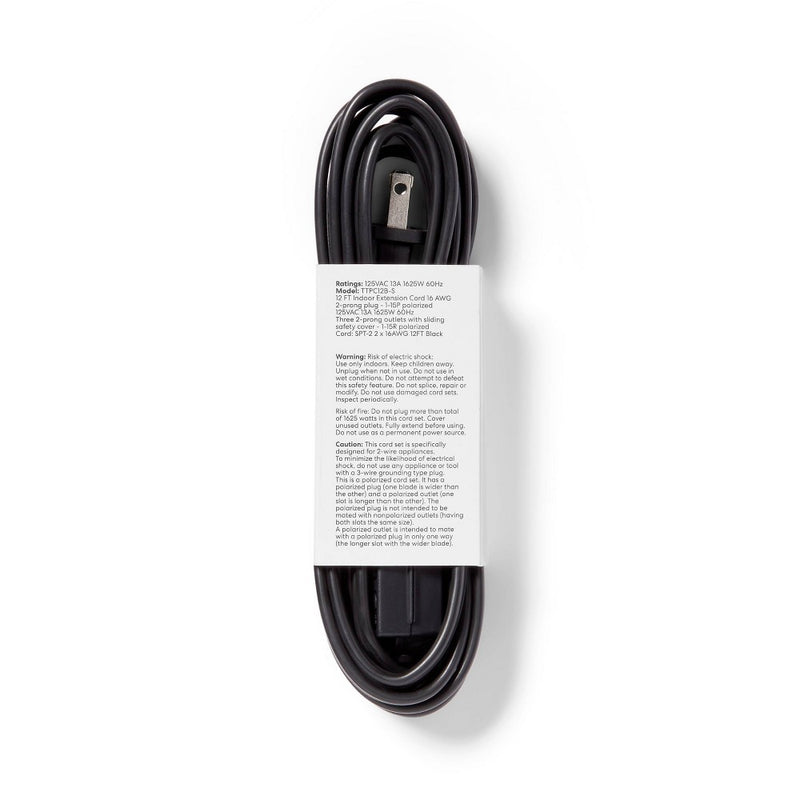 12' 3 Outlet Indoor Extension Cord Black - Dealworthy