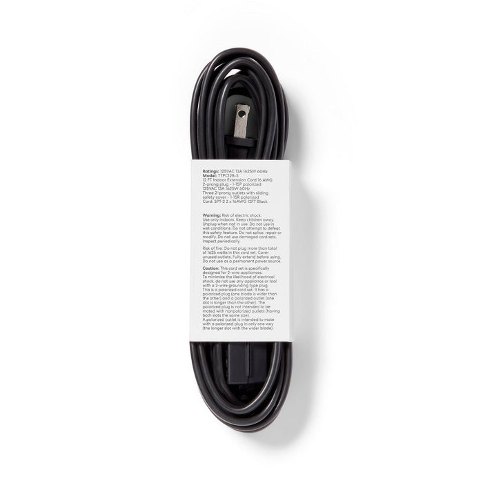 12' 3 Outlet Indoor Extension Cord Black - Dealworthy