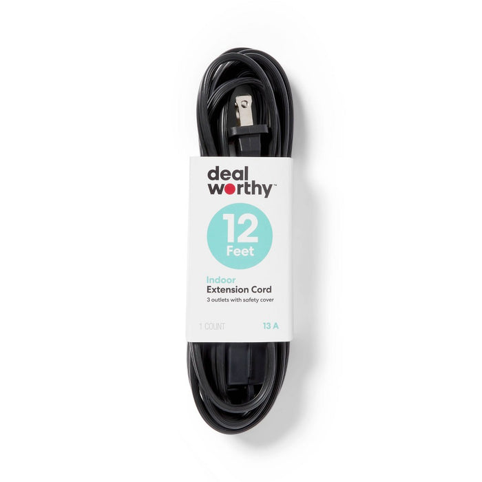 12' 3 Outlet Indoor Extension Cord Black - Dealworthy