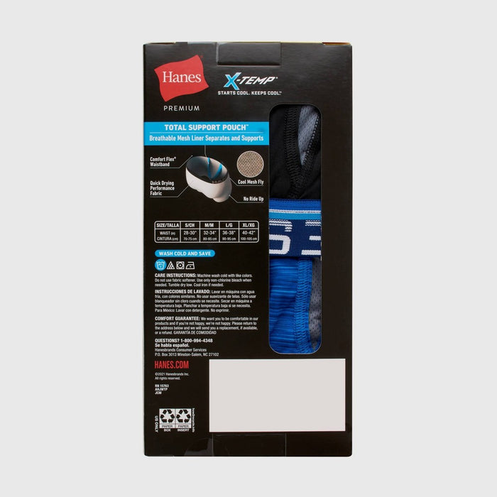 Hanes Premium Men's Xtemp Total Support Pouch Anti Chafing 3pk Boxer Briefs - Black/Blue S