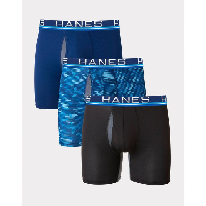 Hanes Premium Men's Xtemp Total Support Pouch Anti Chafing 3pk Boxer Briefs - Black/Blue S