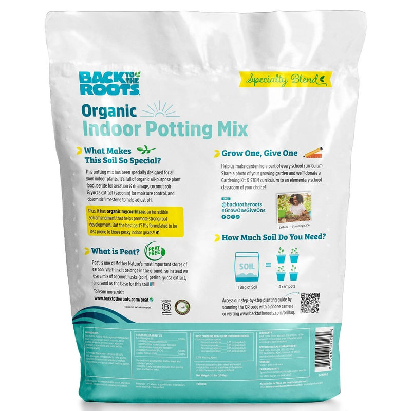Back to the Roots 6qt Organic Indoor Potting Mix For Houseplants Specialty Mix: Perlite, Coconut Coir, Mycorrhizae