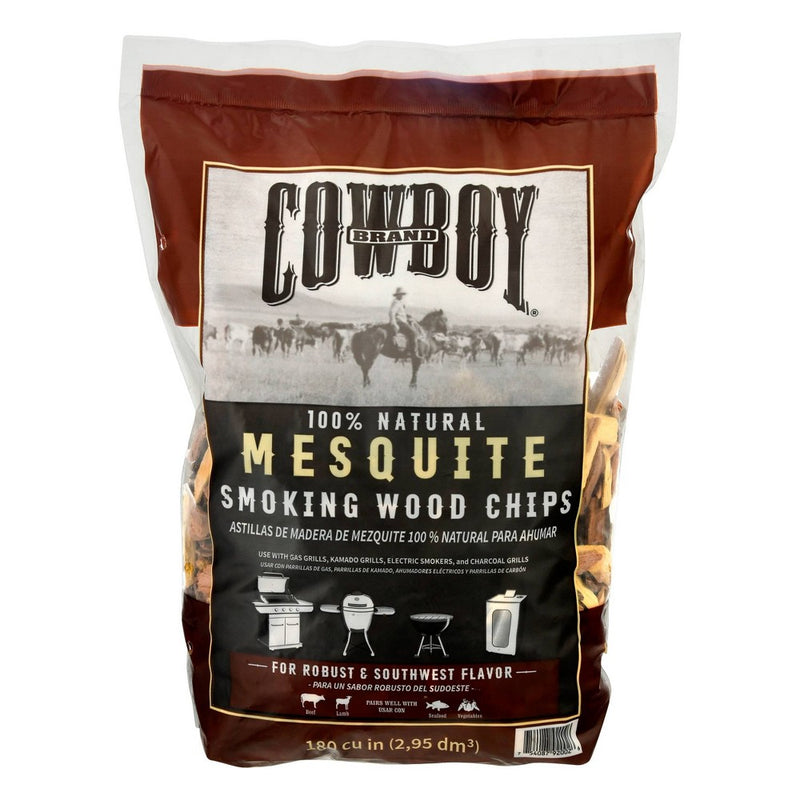 Cowboy 180 cu in Mesquite Chips: Natural Smoker Flavor for Charcoal Grill, Hickory Aroma