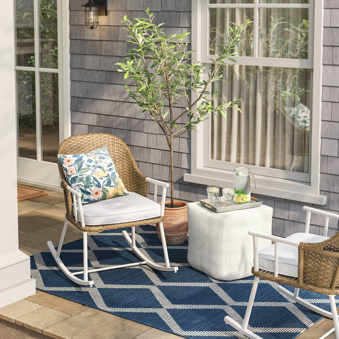18"x18" Chunky Check Outdoor Patio Pouf Cream - Threshold designed with Studio McGee