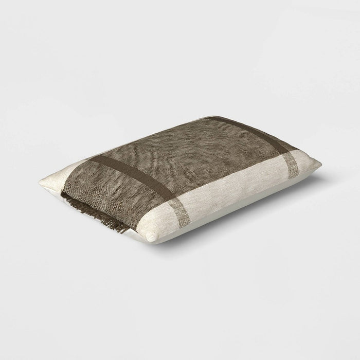 Oversized Textured Woven Cotton Striped Lumbar Throw Pillow Ivory/Dark Olive - Threshold: Fringe Detail, Indoor Use