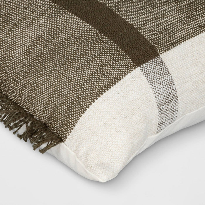 Oversized Textured Woven Cotton Striped Lumbar Throw Pillow Ivory/Dark Olive - Threshold: Fringe Detail, Indoor Use