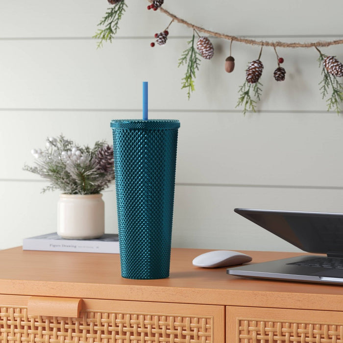 24oz Plastic Tumbler with Straw Clear Blue Wave - Opalhouse