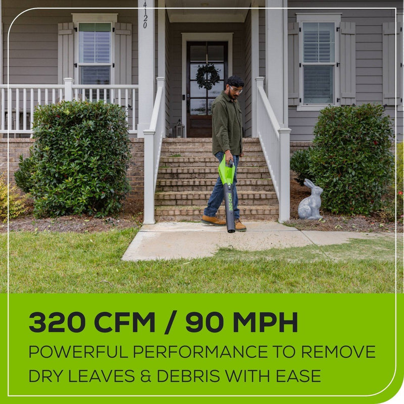 Greenworks POWERALL 24V 2Ah Cordless 320FM / 90MPH Axial Leaf Blower Kit with Battery and Charger Included