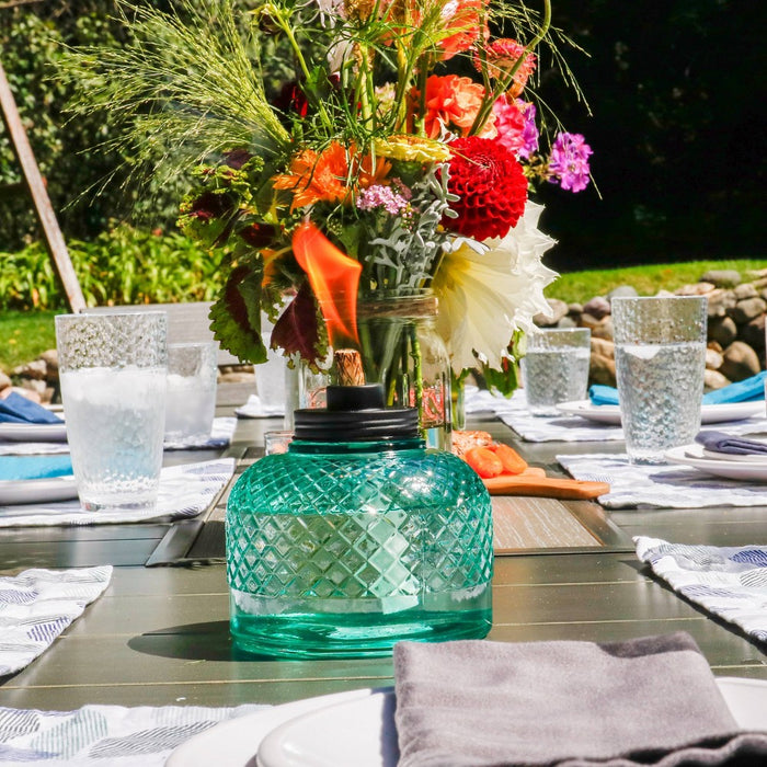 TIKI Large Table Top Studded Glass Oil Lamp - Blue: Outdoor Ambiance, Fiberglass Wick, No Assembly Required