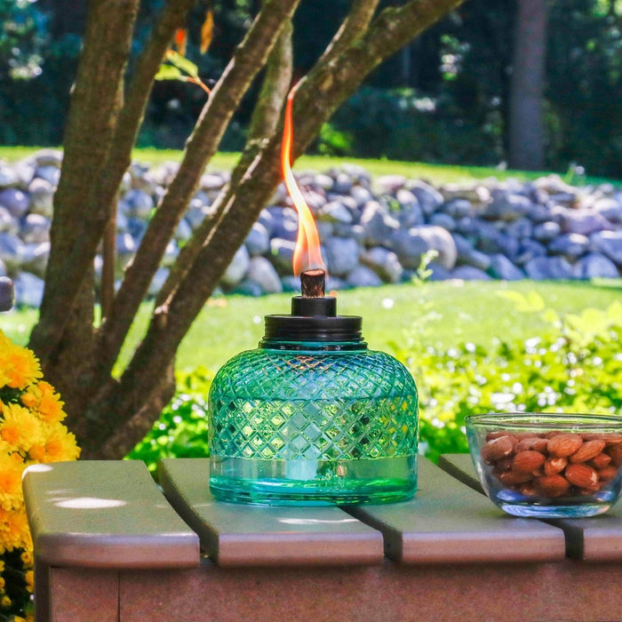 TIKI Large Table Top Studded Glass Oil Lamp - Blue: Outdoor Ambiance, Fiberglass Wick, No Assembly Required