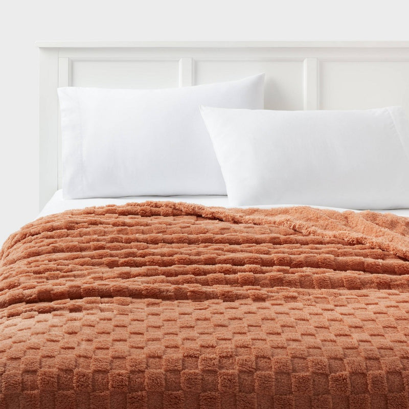 Full/Queen Checkered Faux Shearling Plush Blanket Rust - Room Essentials