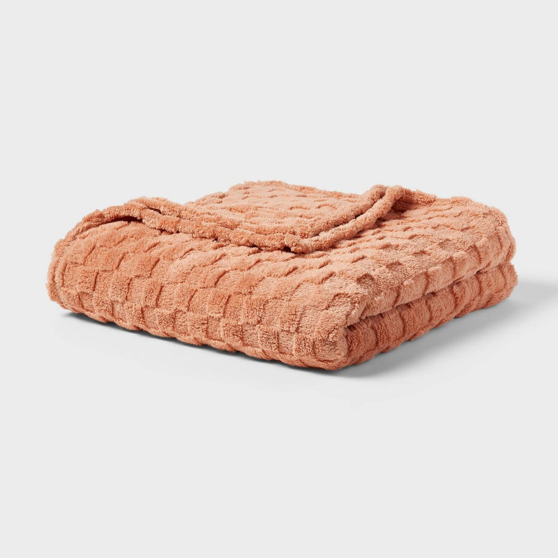 Full/Queen Checkered Faux Shearling Plush Blanket Rust - Room Essentials