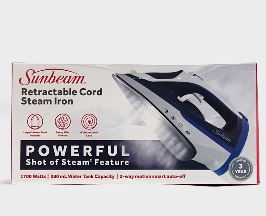 Sunbeam 1700W Steam Iron with Retractable Cord and Shot of Steam Feature