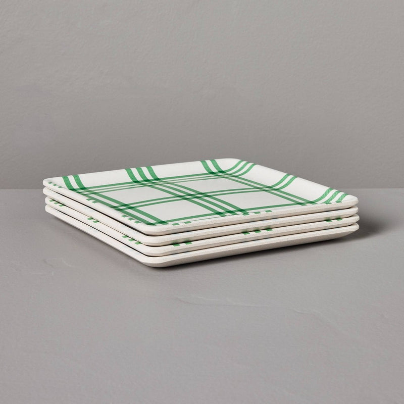 4pk Tri-Stripe Plaid Square Melamine Appetizer Plates Cream/Light Blue/Green - Hearth & Hand with Magnolia