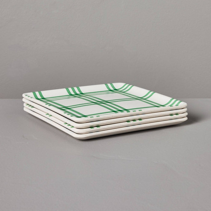 4pk Tri-Stripe Plaid Square Melamine Appetizer Plates Cream/Light Blue/Green - Hearth & Hand with Magnolia