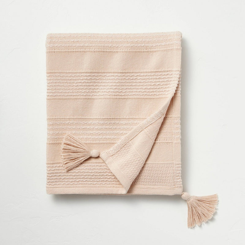 Textured Stripe Dobby Throw Blanket with Corner Tassels Blush - Hearth & Hand with Magnolia