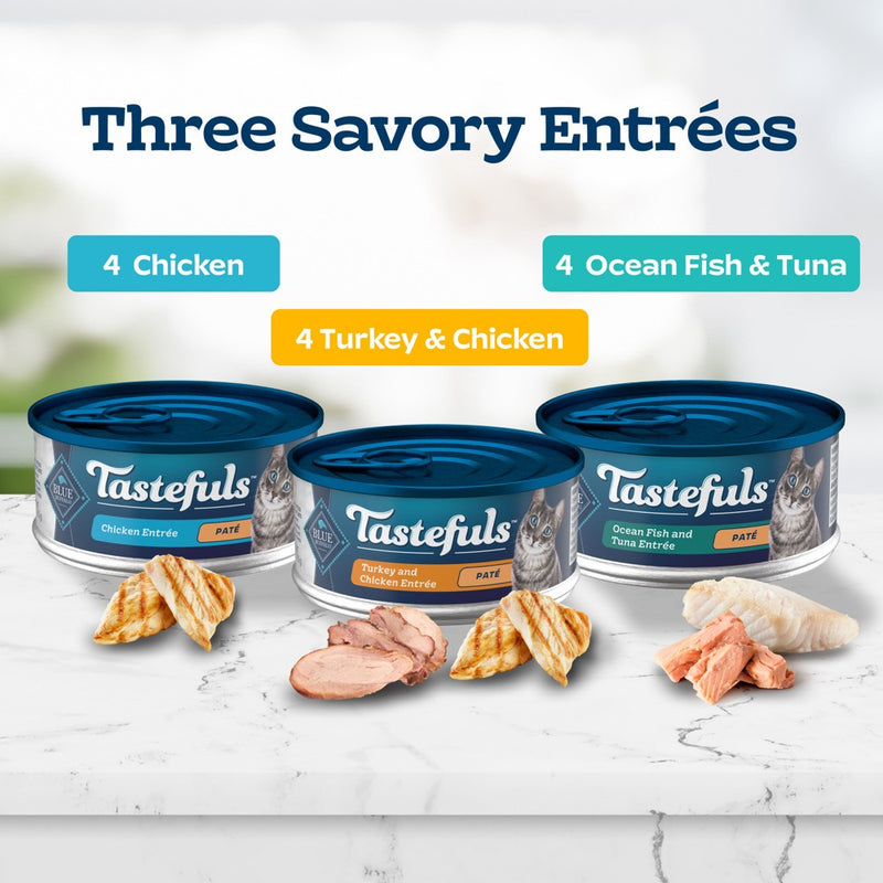 Blue Buffalo Tastefuls Natural Pate Wet Cat Food Variety Pack Chicken, Turkey & Chicken and Seafood & Tuna - 5.5oz/12ct