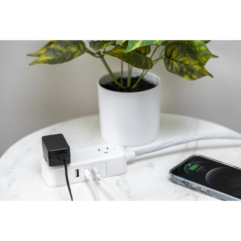 GE 2-Outlet Extension Cord 2 USB-A 1 USB-C 12W 6' Braided White/Gray
