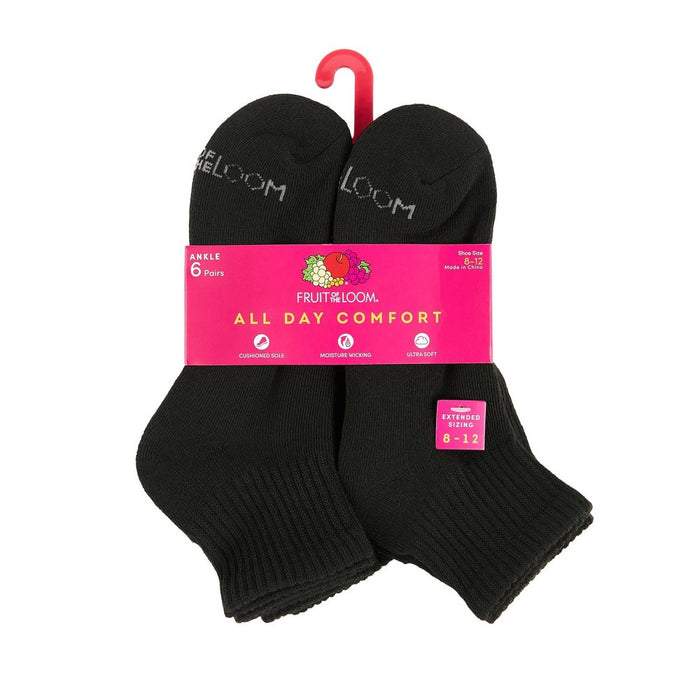Fruit of the Loom Women's Extended Size Cushioned 6pk Ankle Athletic Socks - Black 8-12