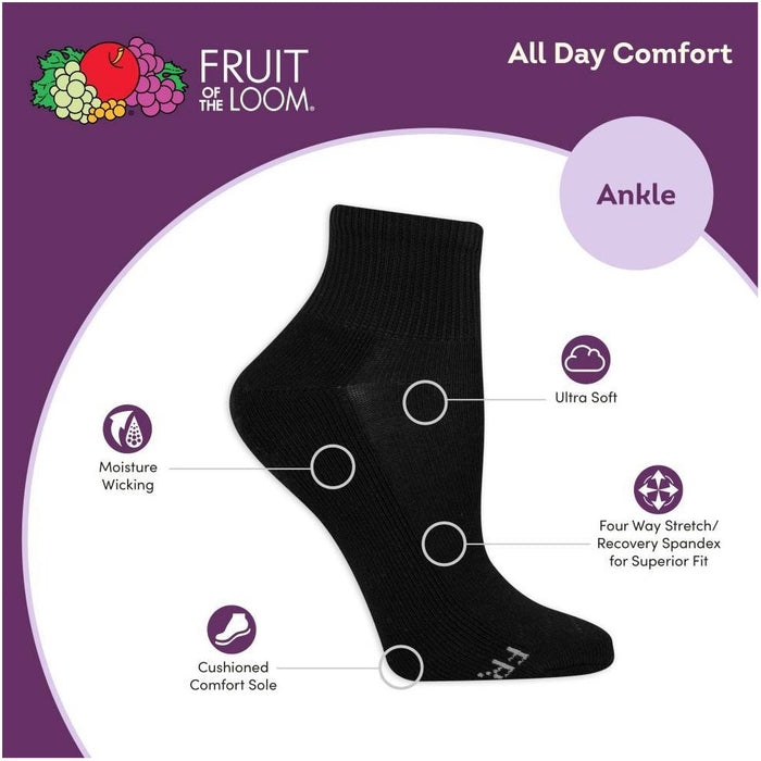 Fruit of the Loom Women's Extended Size Cushioned 6pk Ankle Athletic Socks - Black 8-12