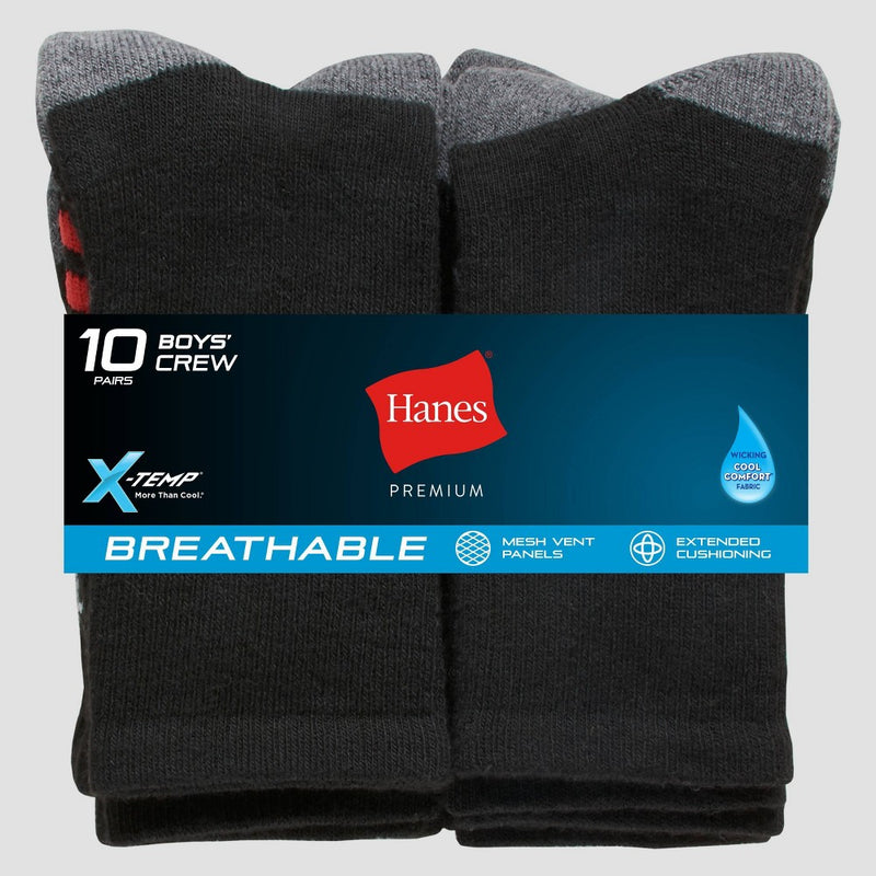 Hanes Boys' 10pk Premium Crew Athletic Socks - Black L