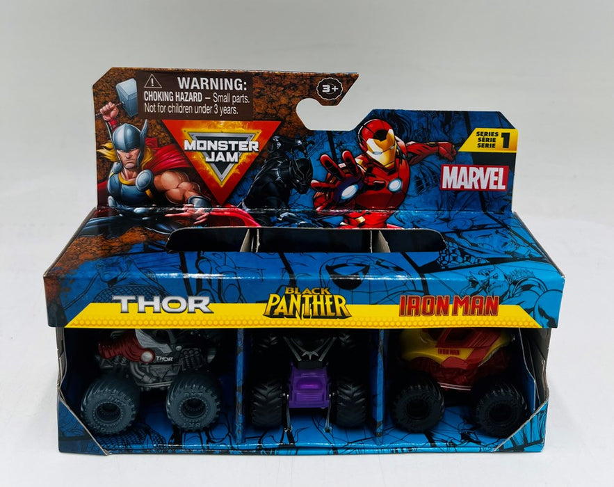 Monster Jam Marvel Mini Bundle Thor, Black Panther, Iron Man