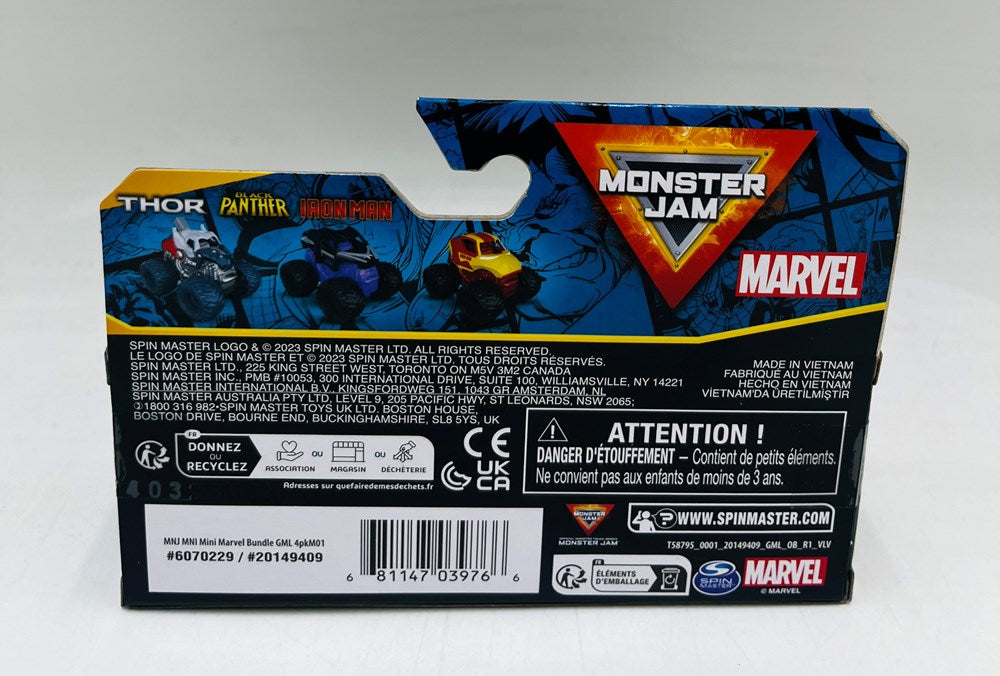 Monster Jam Marvel Mini Bundle Thor, Black Panther, Iron Man