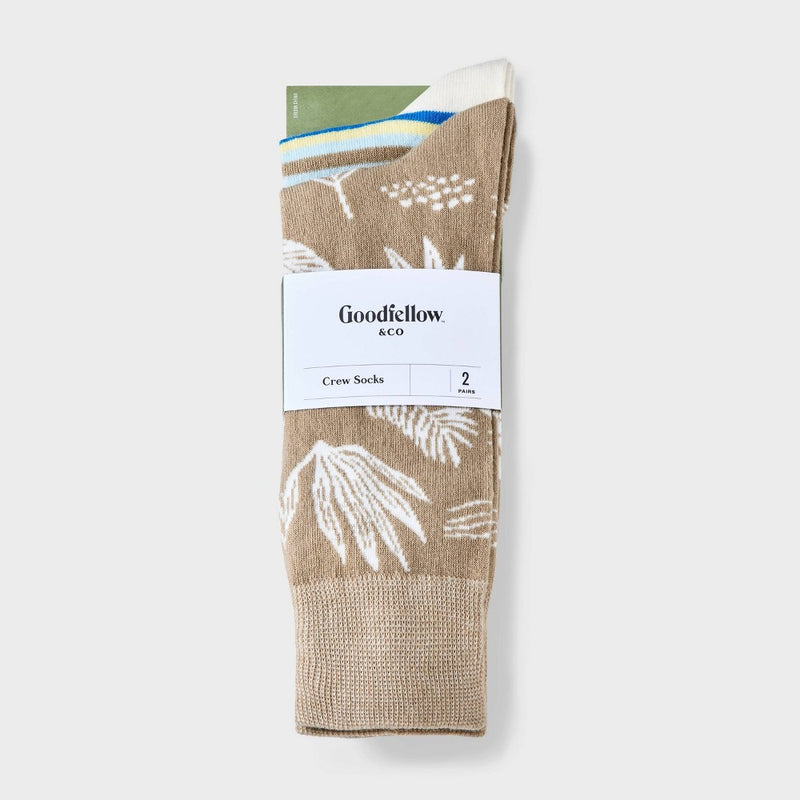 Men's Leaf Print Novelty Crew Socks 2pk - Goodfellow & Co Khaki 7-12