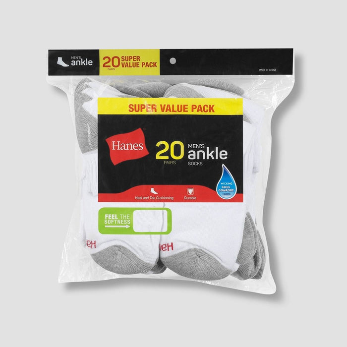 Hanes Men's 20pk Lightweight Comfort Super Value Ankle Socks - White/Gray 6-12