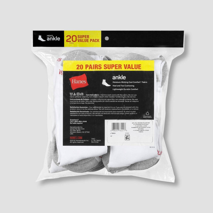Hanes Men's 20pk Lightweight Comfort Super Value Ankle Socks - White/Gray 6-12