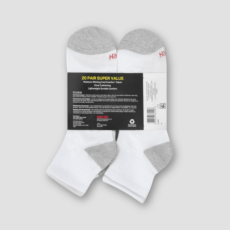 Hanes Men's 20pk Lightweight Comfort Super Value Ankle Socks - White/Gray 6-12