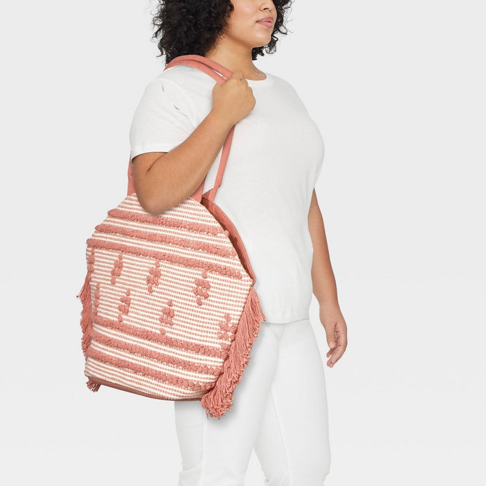 Straw Fringe Tote Handbag - Shade & Shore Rose Pink