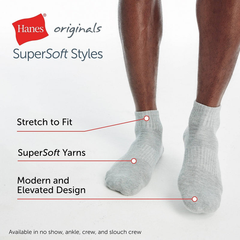 Hanes Originals Premium Men's SuperSoft Ankle Socks 3pk - White/Gray 6-12