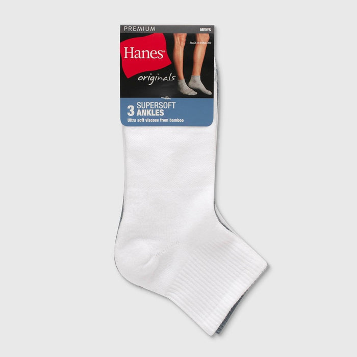 Hanes Originals Premium Men's SuperSoft Ankle Socks 3pk - White/Gray 6-12