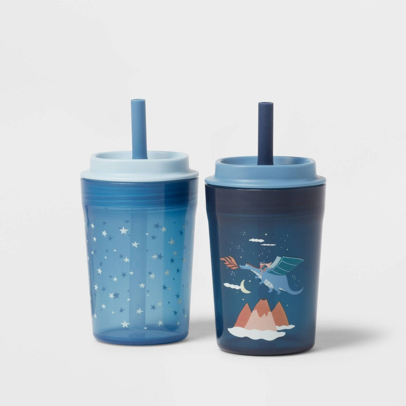Kids' 14oz 2pk Dragon Single Wall Recycled Straw Tumblers Blue - Pillowfort