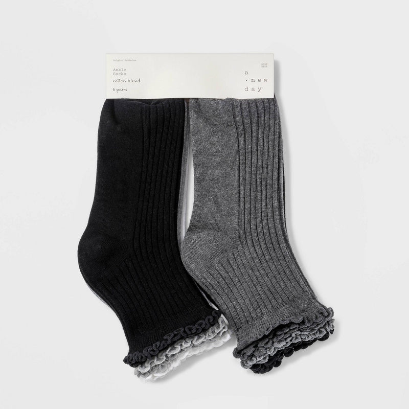 Women's Lettuce Edge 6pk Ankle Socks - A New Day Black/White/Gray 4-10