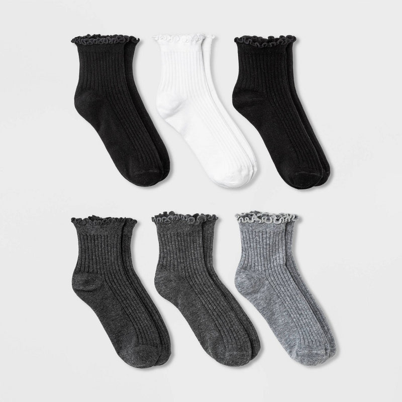 Women's Lettuce Edge 6pk Ankle Socks - A New Day Black/White/Gray 4-10