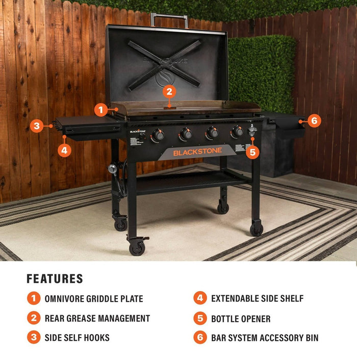 Blackstone 4 Burner 36" Original Omnivore Griddle with Hood Gas Grill #2322 Black: Propane Powered, Cast Iron Cooking Surface (LOCAL PICKUP ONLY)