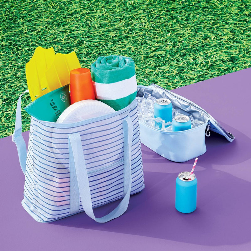 Cooler Tote Blue Striped Printed Mesh - Sun Squad