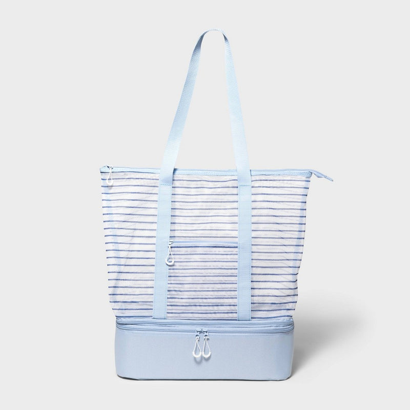 Cooler Tote Blue Striped Printed Mesh - Sun Squad