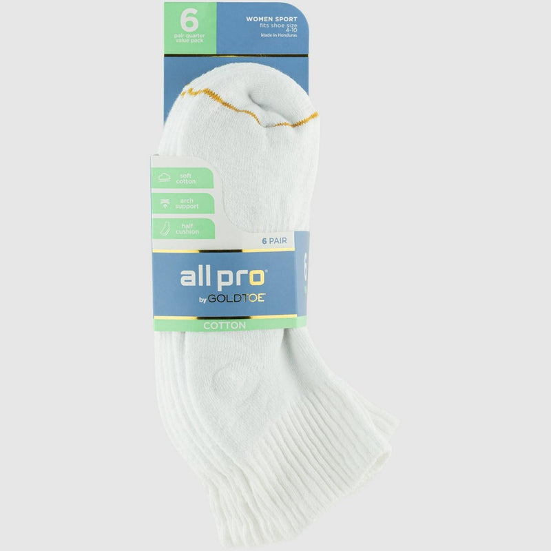 All Pro Women's 6pk Quarter Cotton Athletic Socks - White 4-10