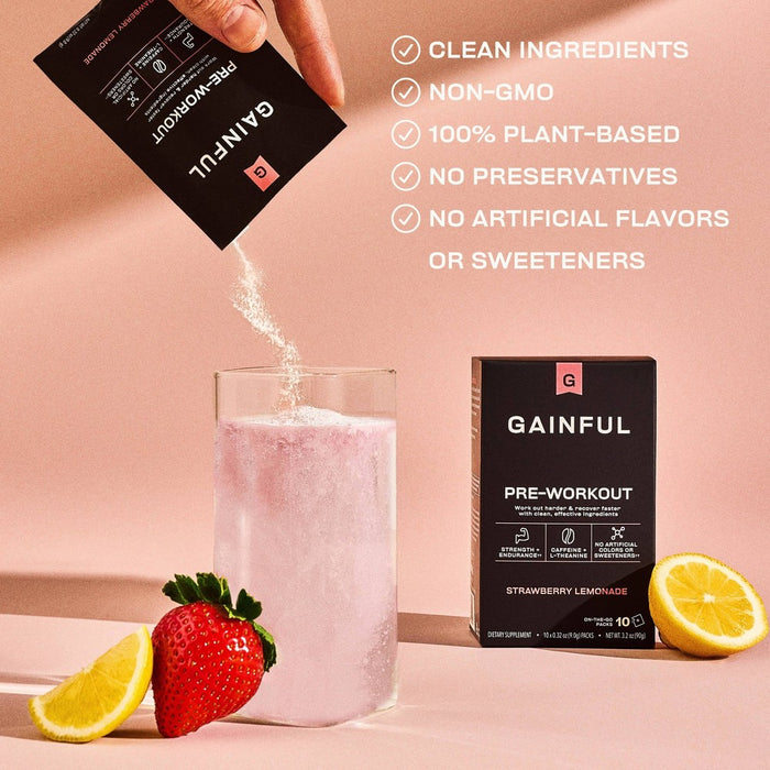 Gainful Pre-Workout Stick Packs - Strawberry Lemonade - Caffeinated - 10ct