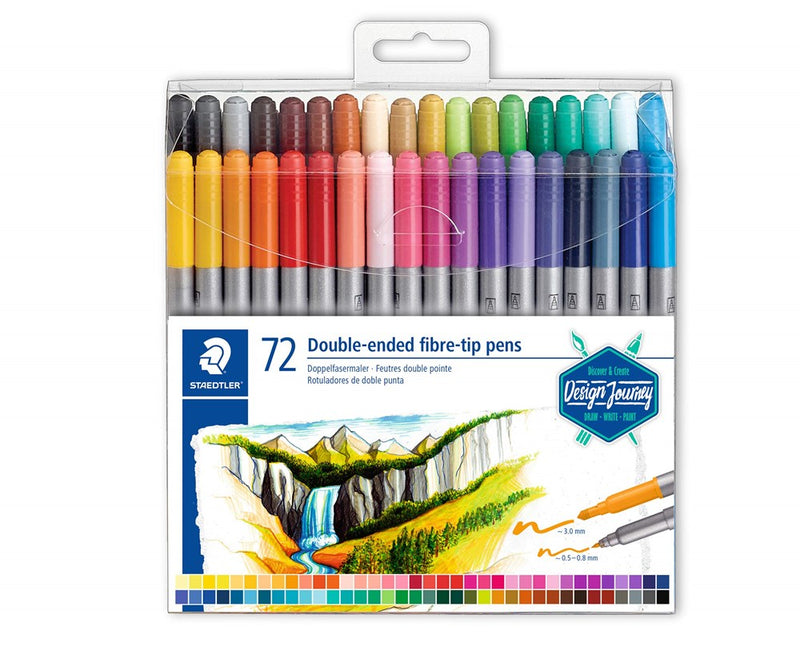 STAEDTLER 3200 TB72 Design Journey Double-Ended Fibre-Tip Pens With Two Nibs - Narrow And Wide, Pack Of 72