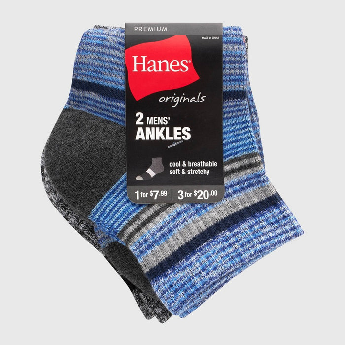 Hanes Originals Premium Men's Free Feed Ankle Socks 2pk - Blue/Gray 6-12